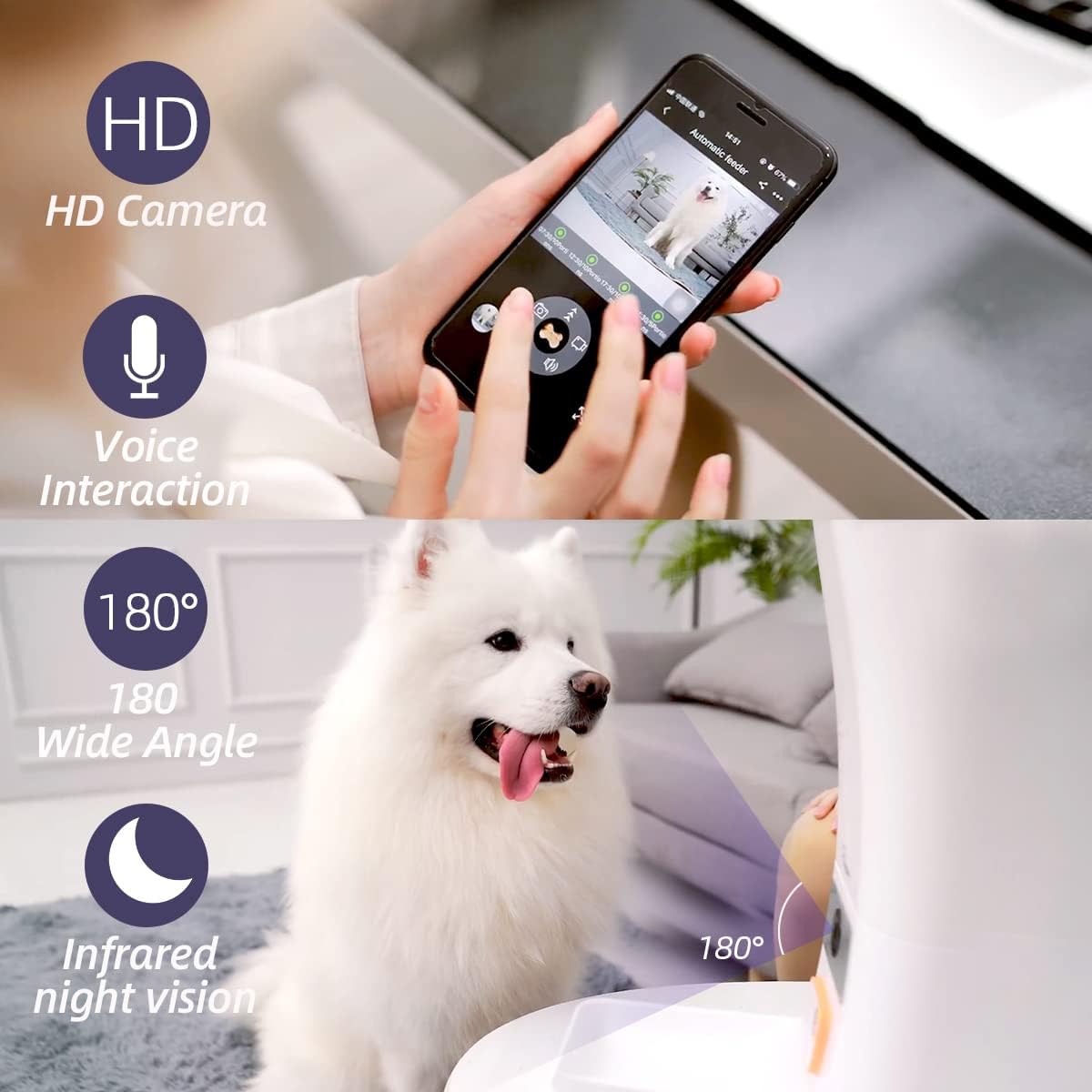 Automatic pet feeder with camera monitoring a dog using night vision, voice interaction and wide angle lens