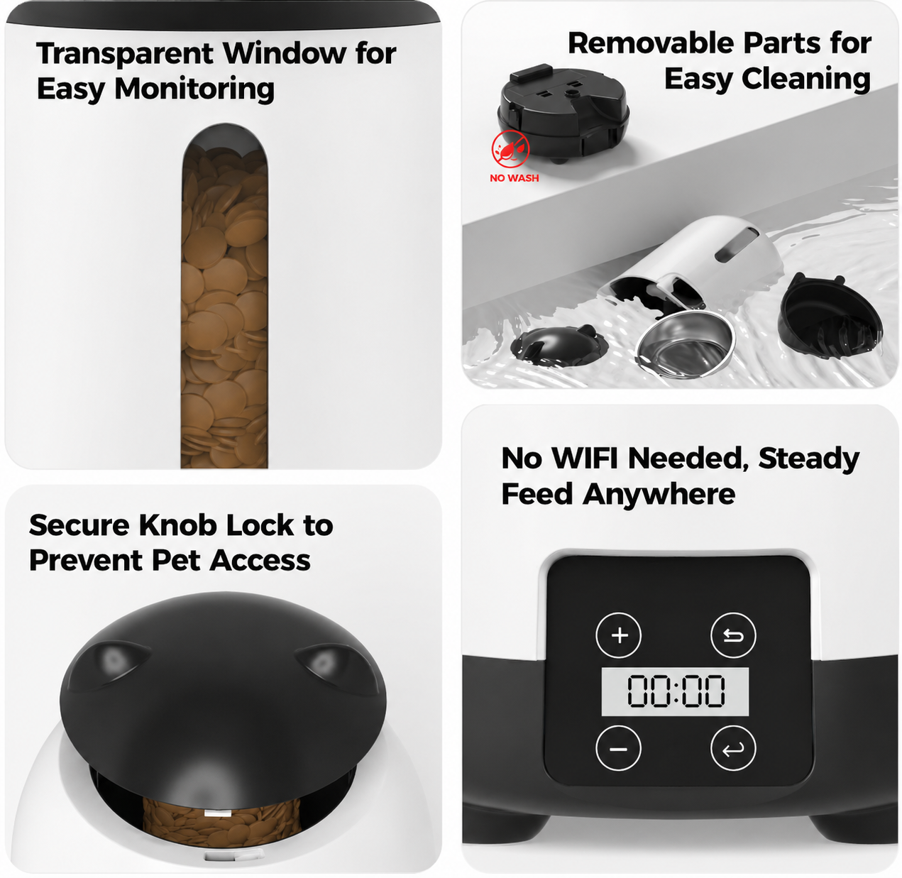 automatic pet feeder in white and black with transparent food window, removable parts for easy cleaning, secure lock lid, and no wifi control panel for reliable scheduled feeding