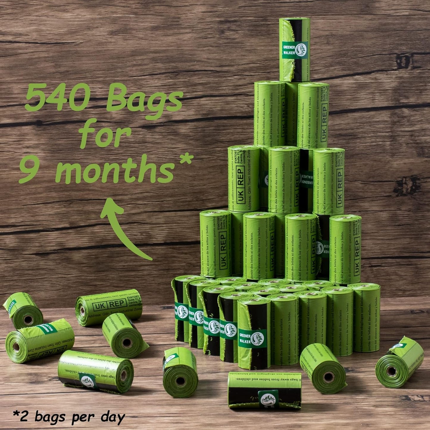 540 pack dog poop bags stacked in rolls, long lasting pet waste bags supply for up to 9 months with durable leak proof design