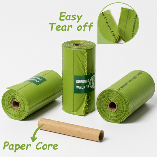 Eco-friendly dog poop bag rolls with easy tear-off design and paper core, strong leak-proof green waste bags for convenient pet cleanup