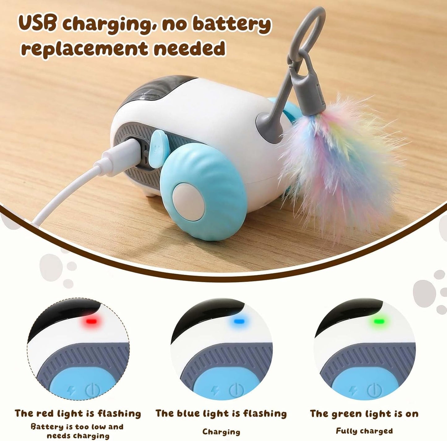 interactive cat toy car charging via USB cable with LED indicators showing battery status including low battery, charging, and fully charged modes