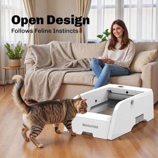 cat approaching open design self cleaning litter box beaugather in modern living room with owner relaxing on sofa