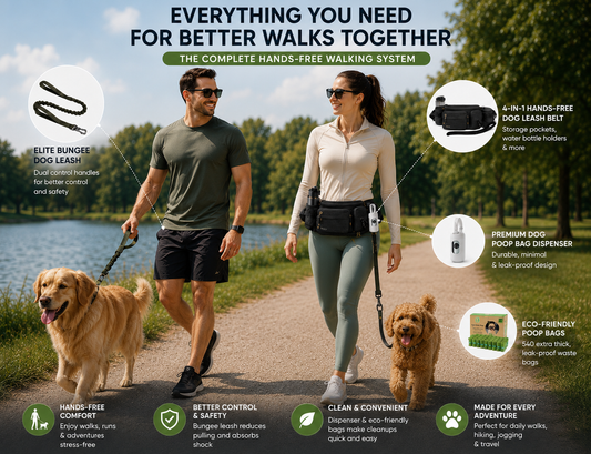 Couple walking dogs using the Petadiso™ Daily Walk Essentials Kit featuring a hands-free dog leash belt, bungee dog leash, poop bag dispenser, and eco-friendly waste bags.