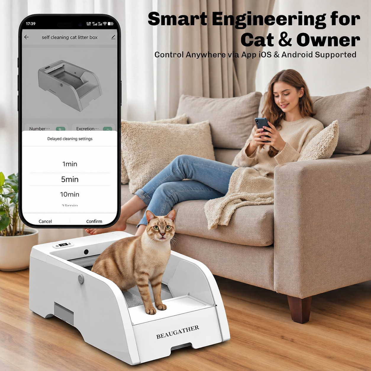 smart self cleaning cat litter box with app control beaugather shown with mobile app and cat in modern living room