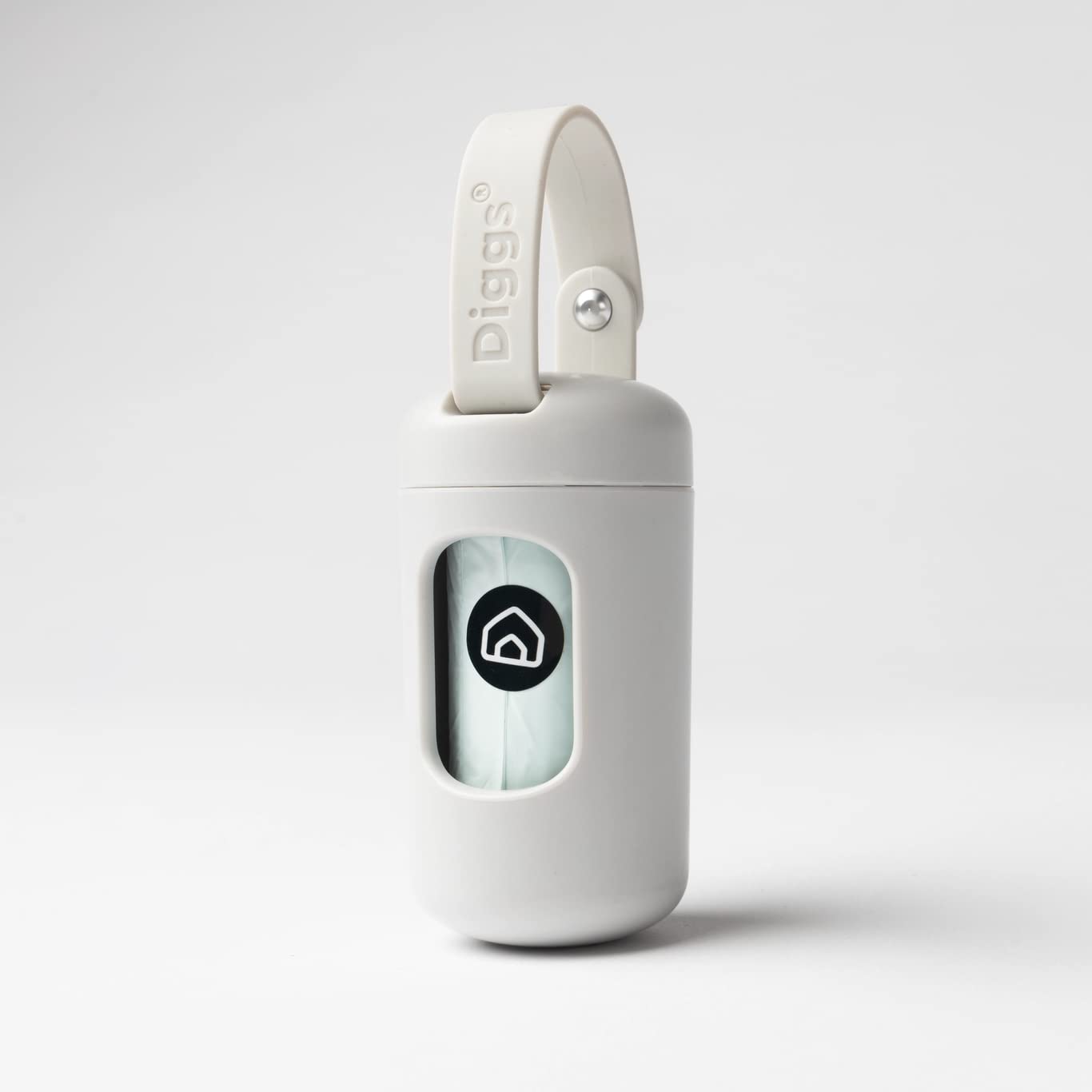 White dog poop bag dispenser with leash clip and visible bag roll, minimalist durable design for easy dog walking use