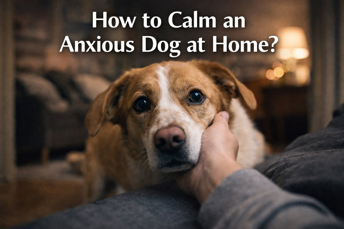 Anxious dog being comforted by owner at home – guide to calm dog anxiety and reduce stress safely