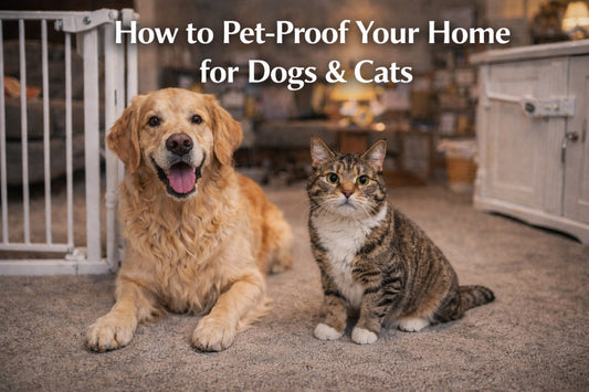 Dog and cat sitting safely indoors – complete guide to pet proof your home for dogs and cats and improve pet safety at home