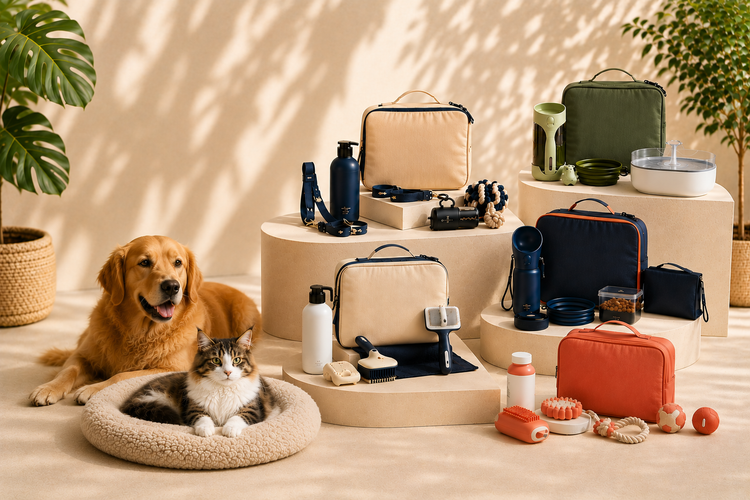Premium Petadiso pet kits collection featuring a golden retriever and Maine Coon cat beside curated pet travel, grooming, hydration, and wellness accessories in a luxury modern beige lifestyle setting.