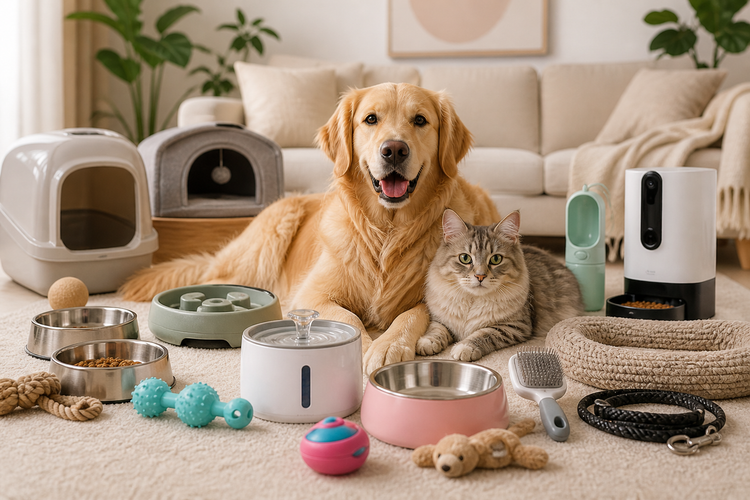 Premium dog and cat products collection at home including pet care, grooming, feeding, and smart pet accessories
