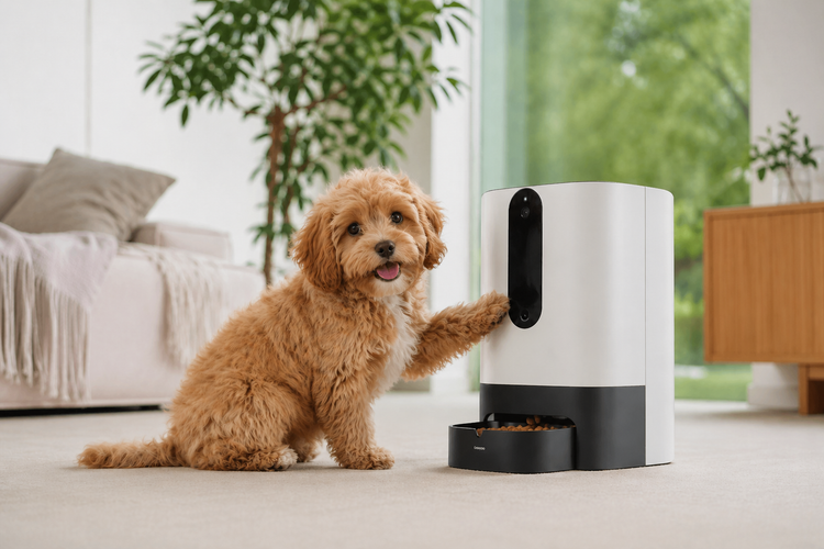 Smart pet care products for dogs and cats in a modern home environment