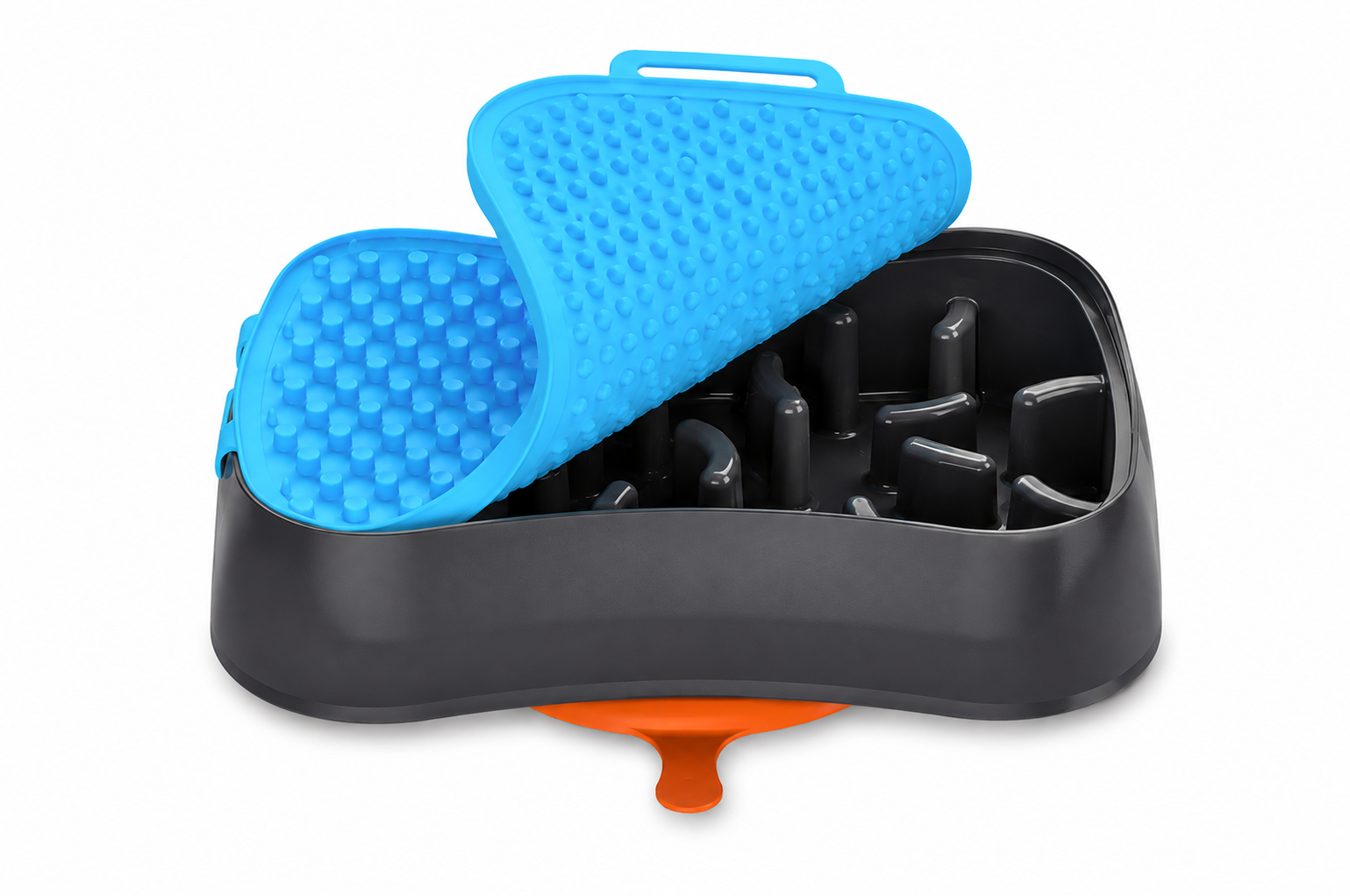Black 4-in-1 slow feeder dog bowl with blue reversible textured lick mat and suction base for slower, more enriching mealtimes.