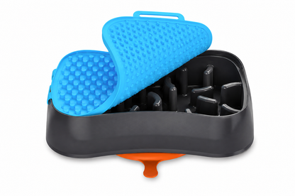 Black 4-in-1 slow feeder dog bowl with blue reversible textured lick mat and suction base for slower, more enriching mealtimes.