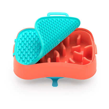 4-in-1 slow feeder dog bowl with reversible lick mat designed for slower eating, enrichment, and less messy mealtimes.