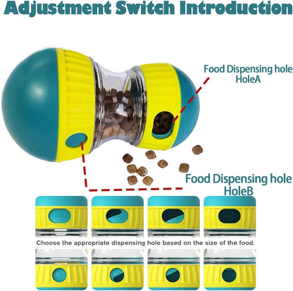 Adjustable dog treat dispenser ball showing different hole settings for food dispensing, interactive slow feeder toy for controlling treat flow and dog feeding speed