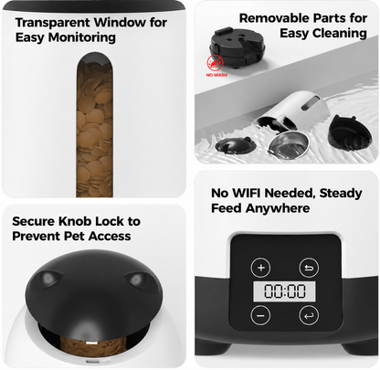 automatic pet feeder in white and black with transparent food window, removable parts for easy cleaning, secure lock lid, and no wifi control panel for reliable scheduled feeding