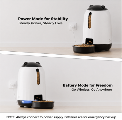 automatic pet feeder in white and black with cat ear design showing power mode and battery mode operation, dispensing dry food with stable feeding and wireless backup option