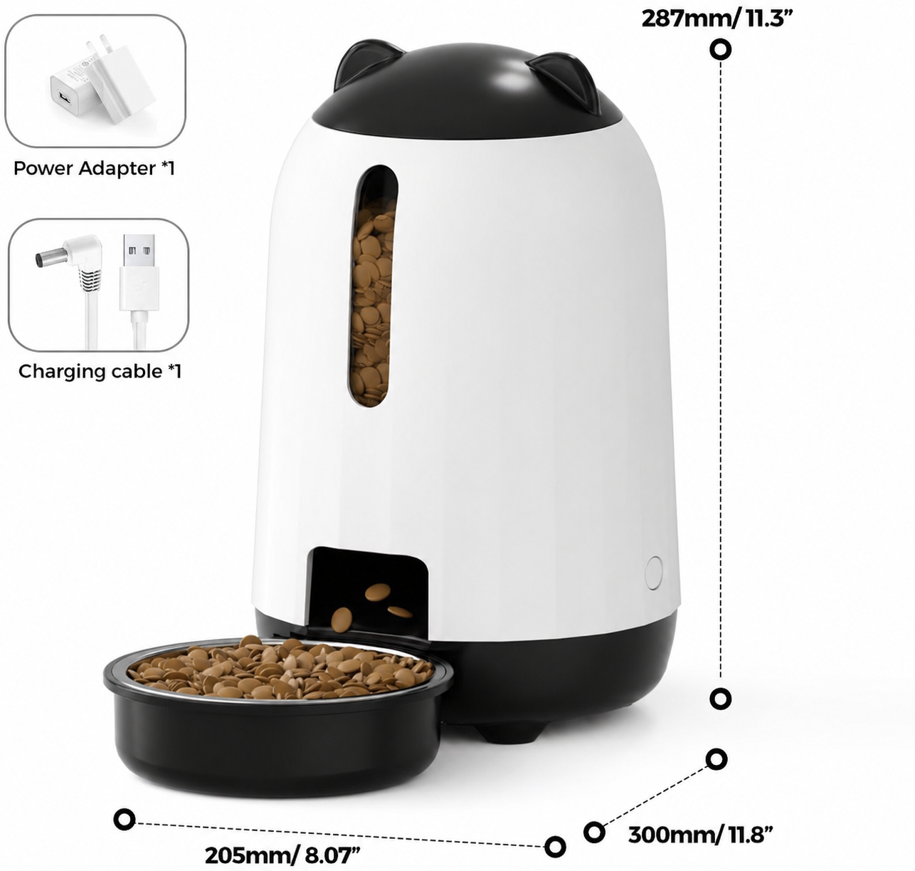 automatic pet feeder in white and black with cat ear design, showing food dispenser, bowl, transparent window, and product dimensions for portion-controlled feeding