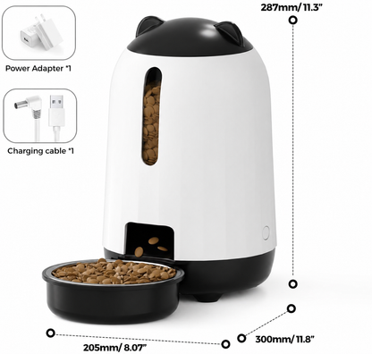 automatic pet feeder in white and black with cat ear design, showing food dispenser, bowl, transparent window, and product dimensions for portion-controlled feeding