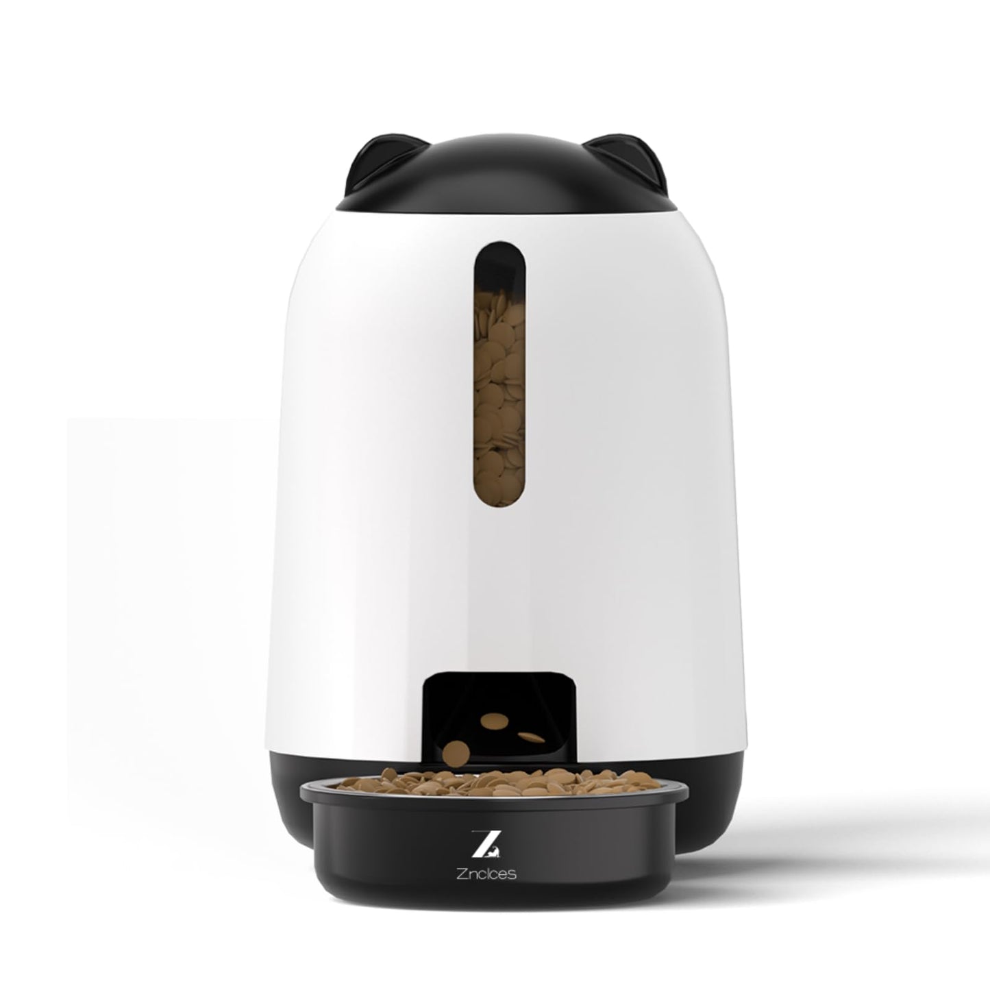 modern automatic pet feeder in white and black with cat ear lid, dispensing dry pet food into bowl, featuring transparent food level window and portion control design