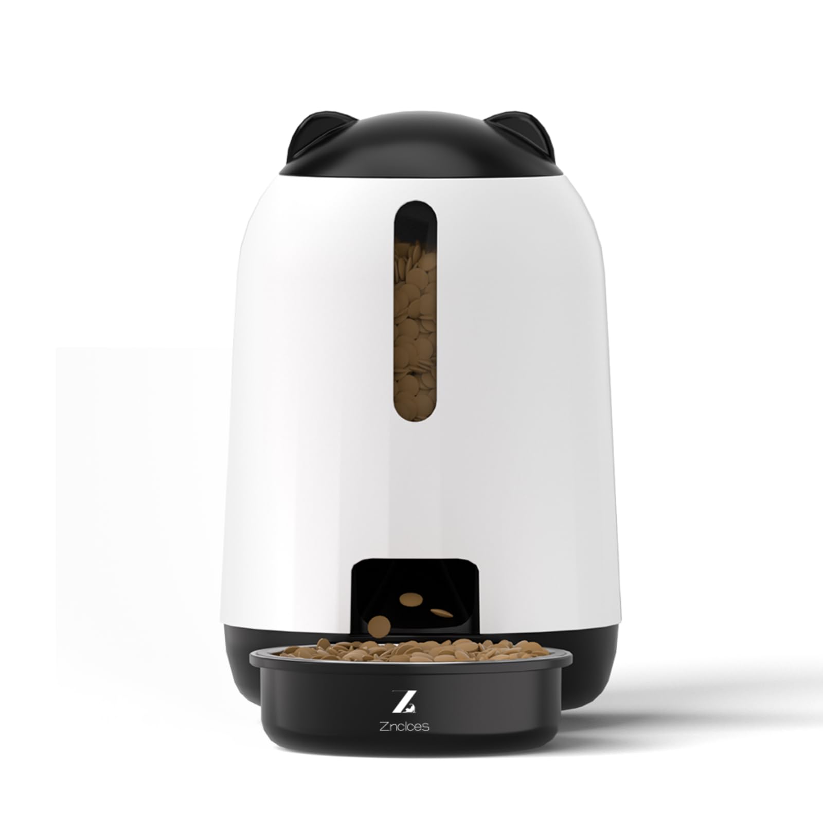 modern automatic pet feeder in white and black with cat ear lid, dispensing dry pet food into bowl, featuring transparent food level window and portion control design