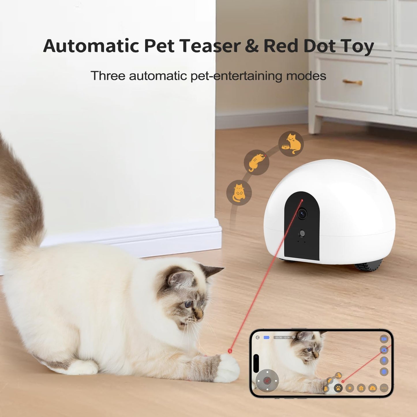 Automatic pet camera robot with laser toy entertaining a cat with interactive red dot teaser and app control