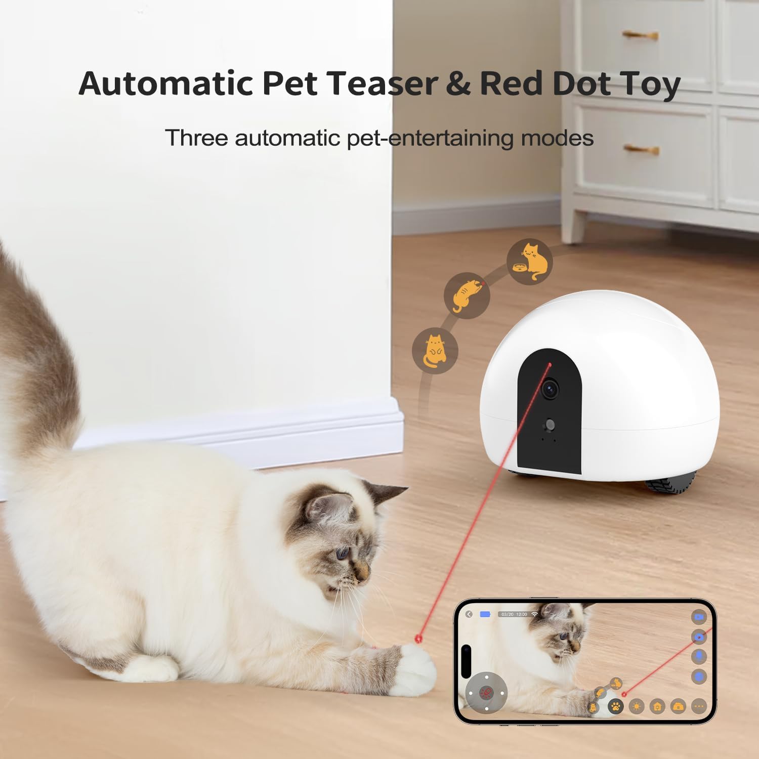 Automatic pet camera robot with laser toy entertaining a cat with interactive red dot teaser and app control