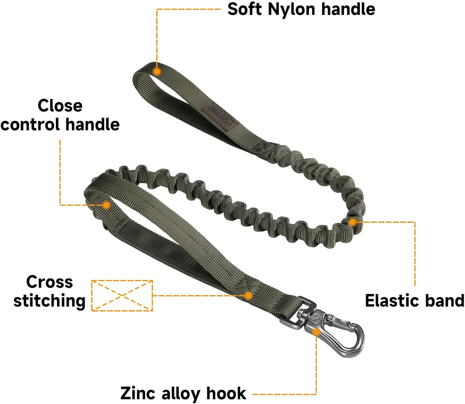 Bungee dog leash with dual control handles, soft nylon grip, elastic band shock absorber and durable zinc alloy hook for strong and safe dog walking