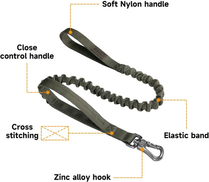 Bungee dog leash with dual control handles, soft nylon grip, elastic band shock absorber and durable zinc alloy hook for strong and safe dog walking