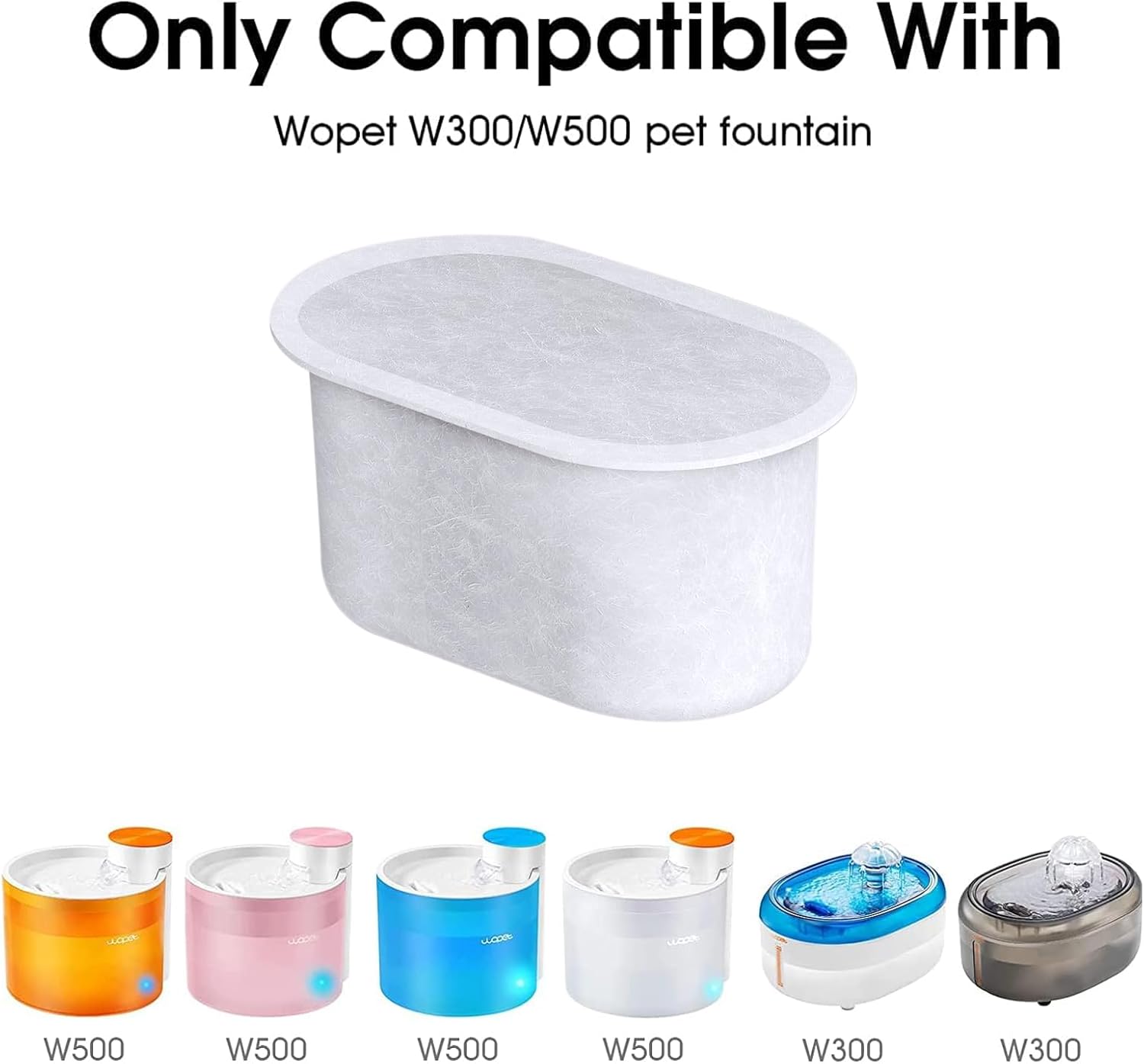 cat water fountain filter compatible with WOPET W300 and W500 models showing supported pet fountain designs