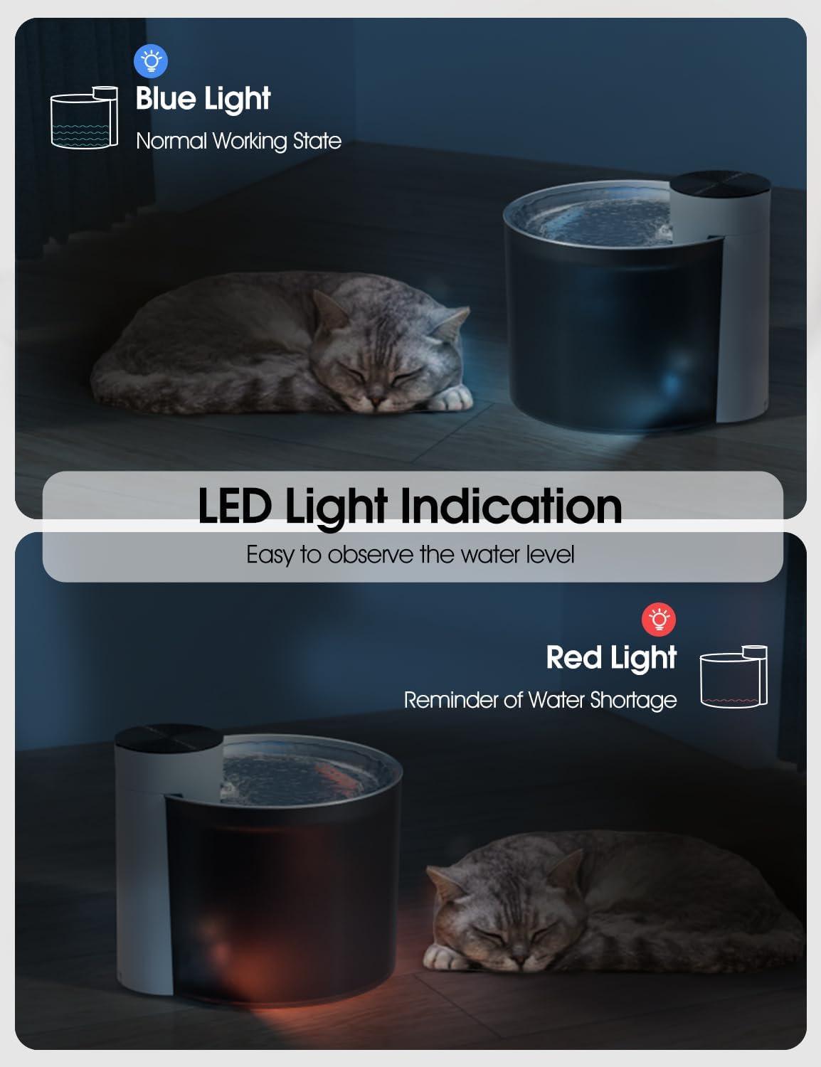Cat water fountain with LED light indicator showing blue normal mode and red low water alert for smart pet hydration system