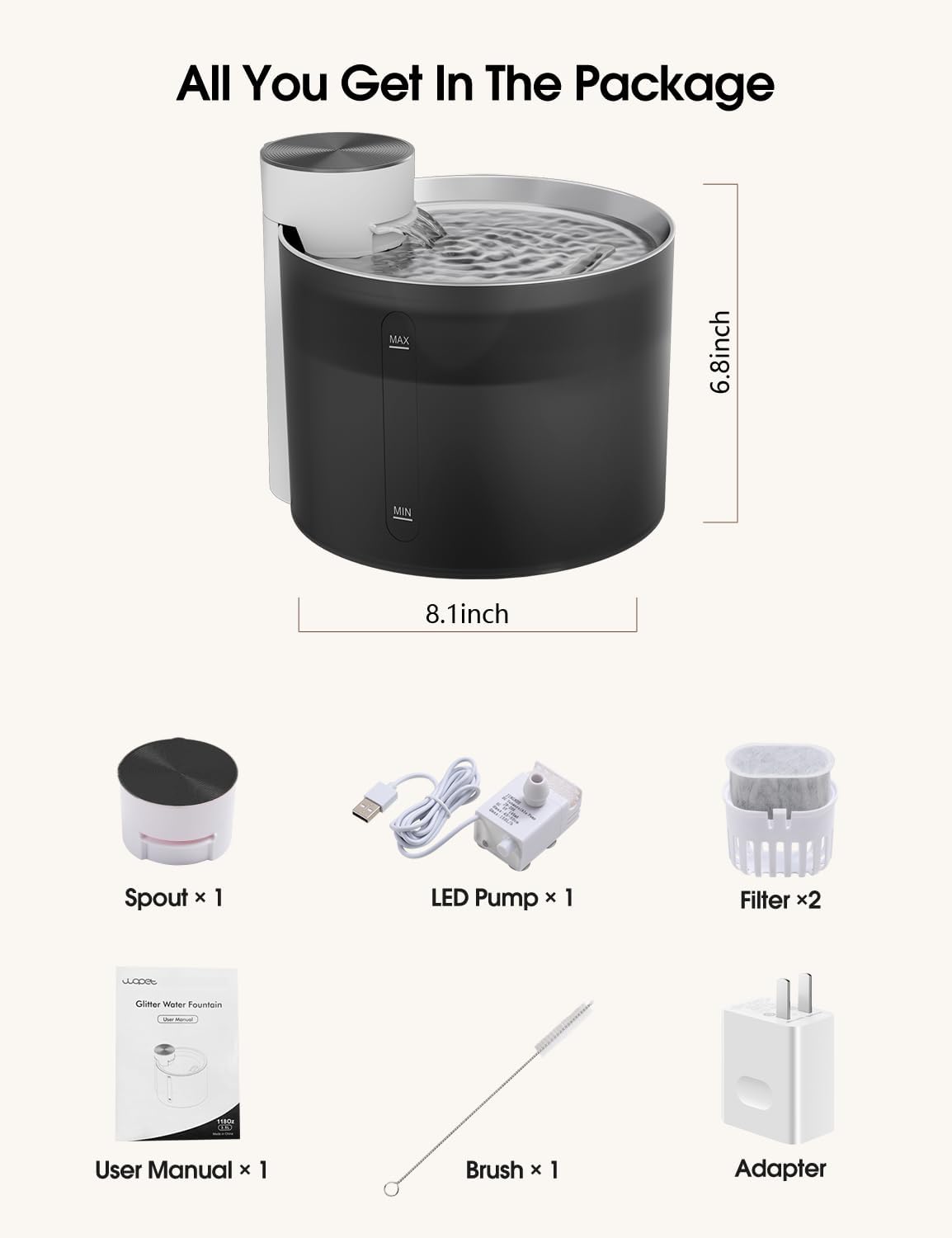 3.5L stainless steel cat water fountain package contents including pump, filters, adapter, brush and user manual