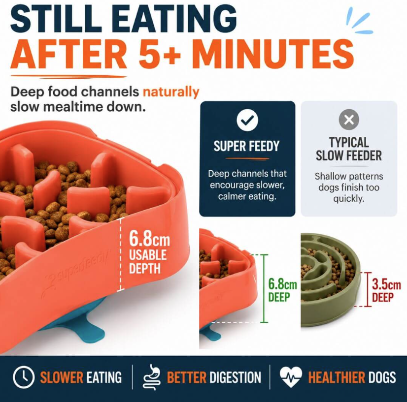 Deep slow feeder dog bowl with 6.8 cm food channels designed to encourage slower eating and longer, calmer mealtimes for dogs.