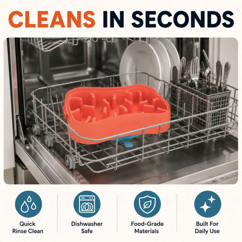 Dishwasher-safe slow feeder dog bowl made with food-grade materials for quick cleaning and convenient everyday use.