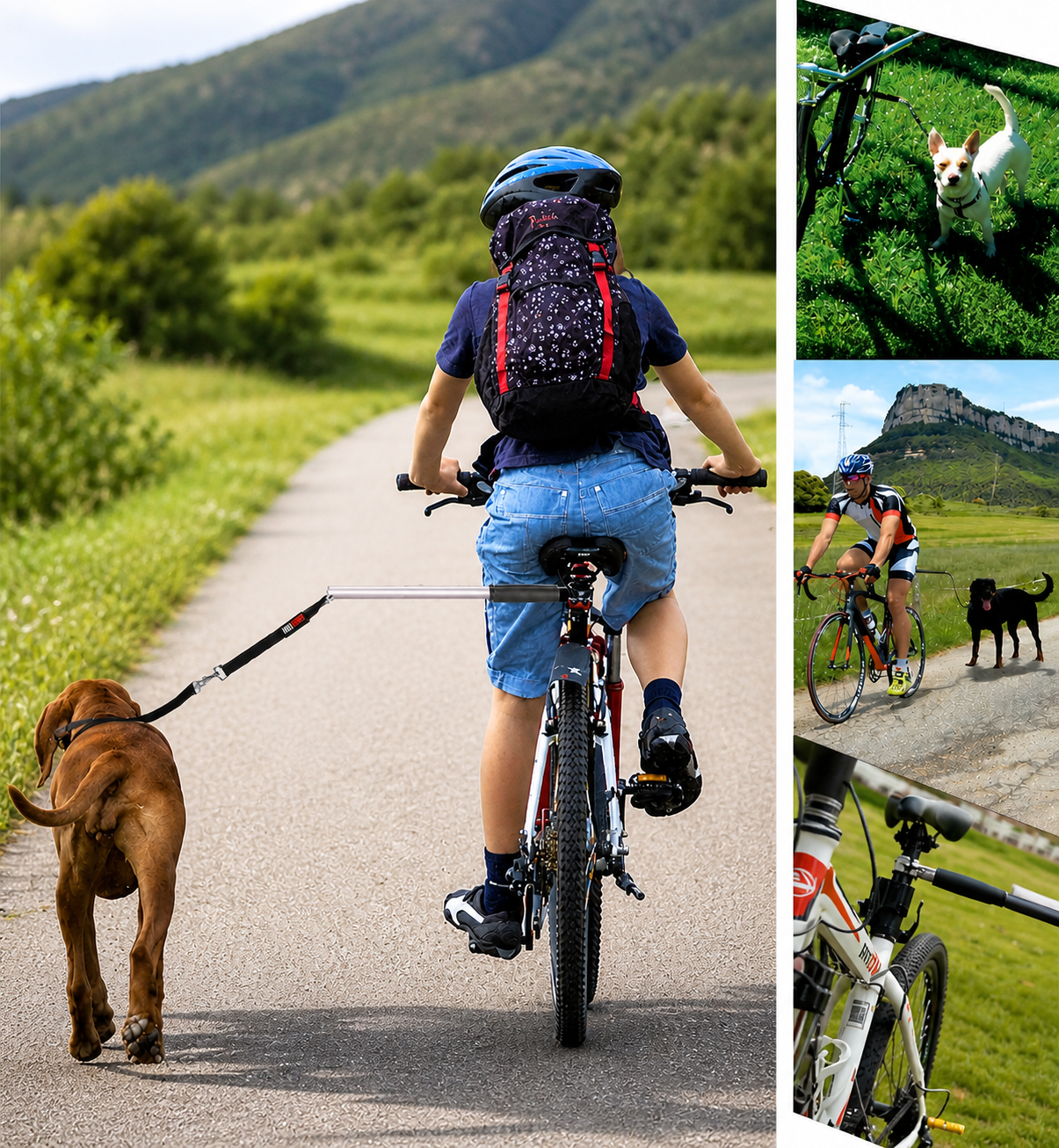Person riding a bicycle with dog using hands-free bike leash attachment on outdoor trail