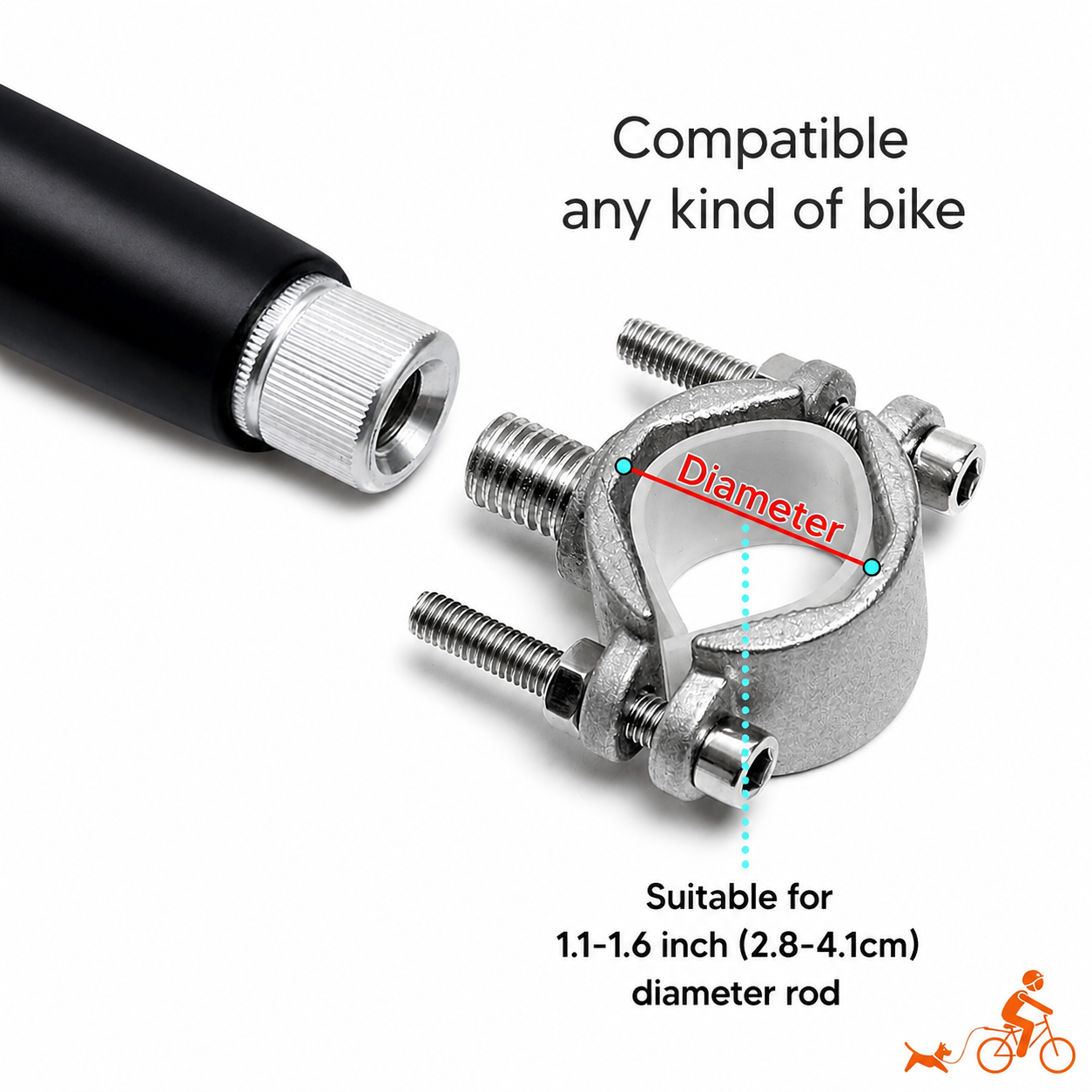 Dog bike leash mounting clamp showing adjustable diameter fit for different bicycle frame sizes