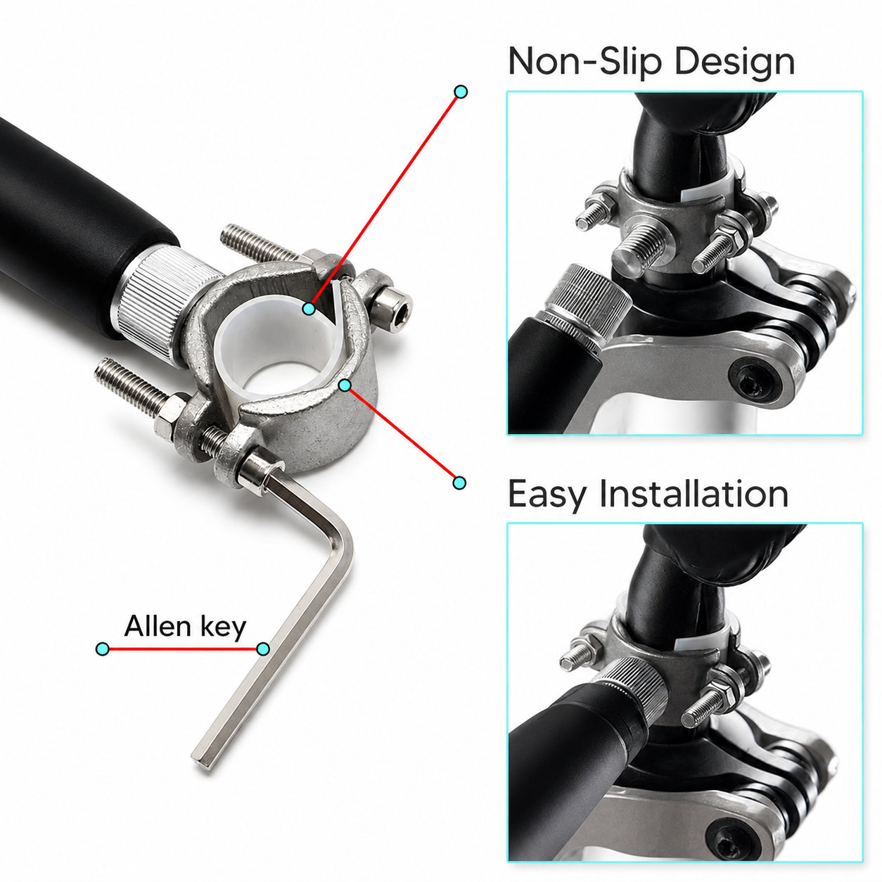 Close-up of dog bike leash mount with non-slip clamp and easy installation on bicycle frame