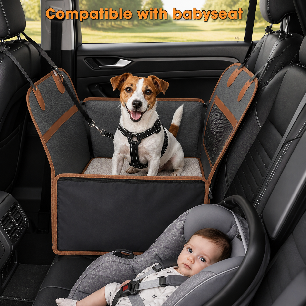 Dog sitting in a hard bottom car seat next to a baby car seat showing half hammock design compatible with baby seat for safe backseat travel