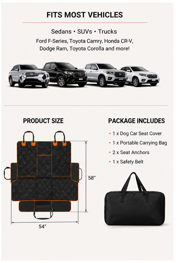 Dog car seat cover with universal fit for sedans, SUVs, and trucks, showing product size dimensions and included accessories like carrying bag, seat anchors, and safety belt