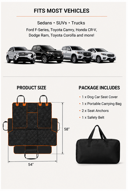 Dog car seat cover with universal fit for sedans, SUVs, and trucks, showing product size dimensions and included accessories like carrying bag, seat anchors, and safety belt