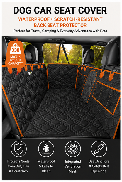 Waterproof and scratch-resistant dog car seat cover with backseat hammock design, 330 lb weight capacity, featuring seat protection, ventilation mesh, and safety belt openings for pet travel