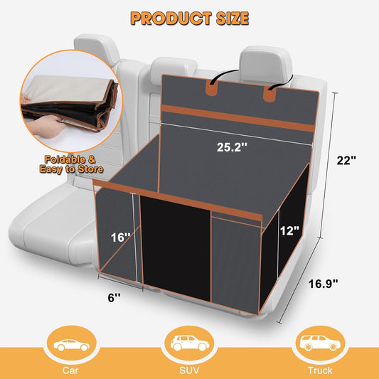 Dog car seat size dimensions diagram showing hard bottom foldable backseat pet seat with measurements and compatibility for car, SUV, and truck