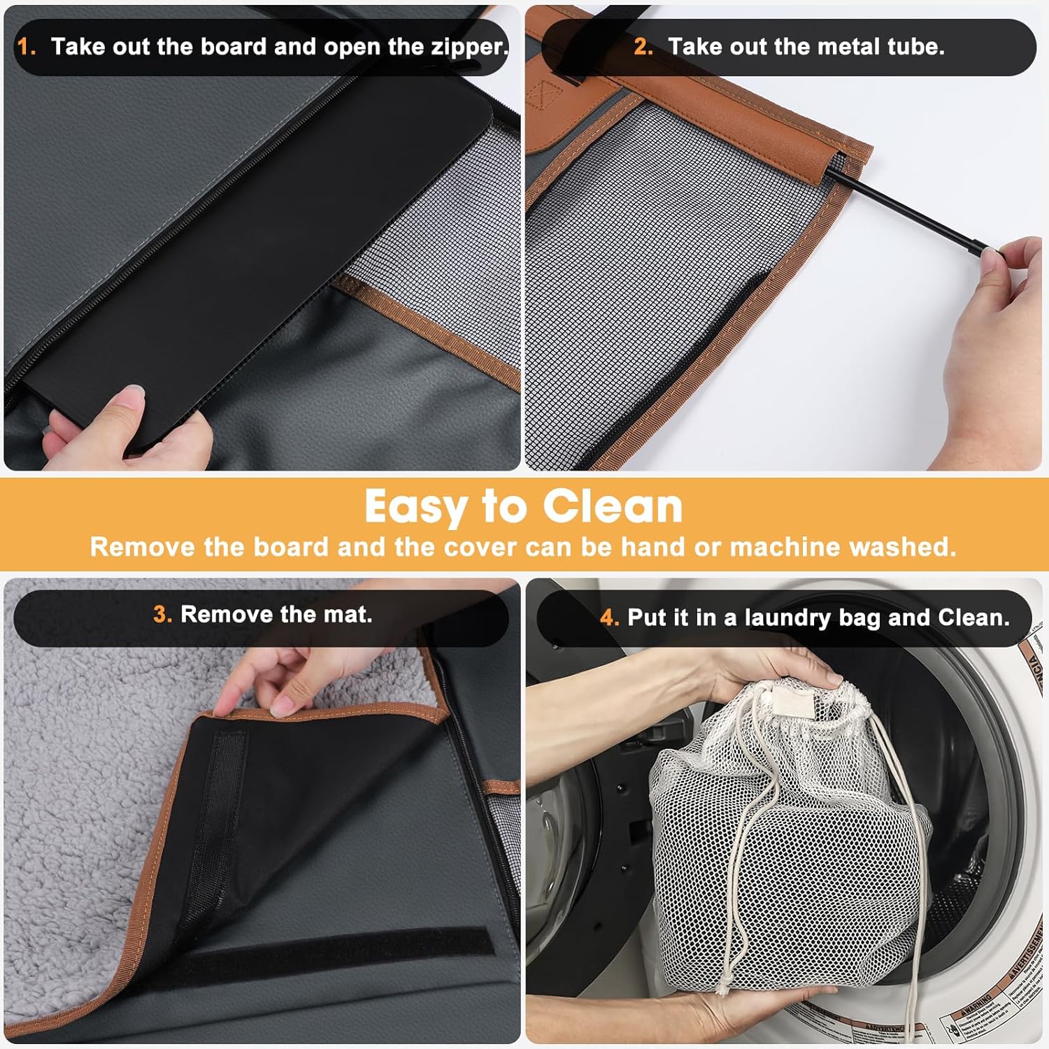 Step-by-step guide showing how to remove and clean a dog car seat cover including zipper opening, board removal, mat removal, and machine washing in laundry bag