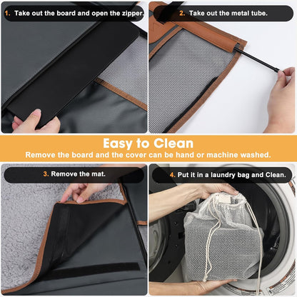 Step-by-step guide showing how to remove and clean a dog car seat cover including zipper opening, board removal, mat removal, and machine washing in laundry bag