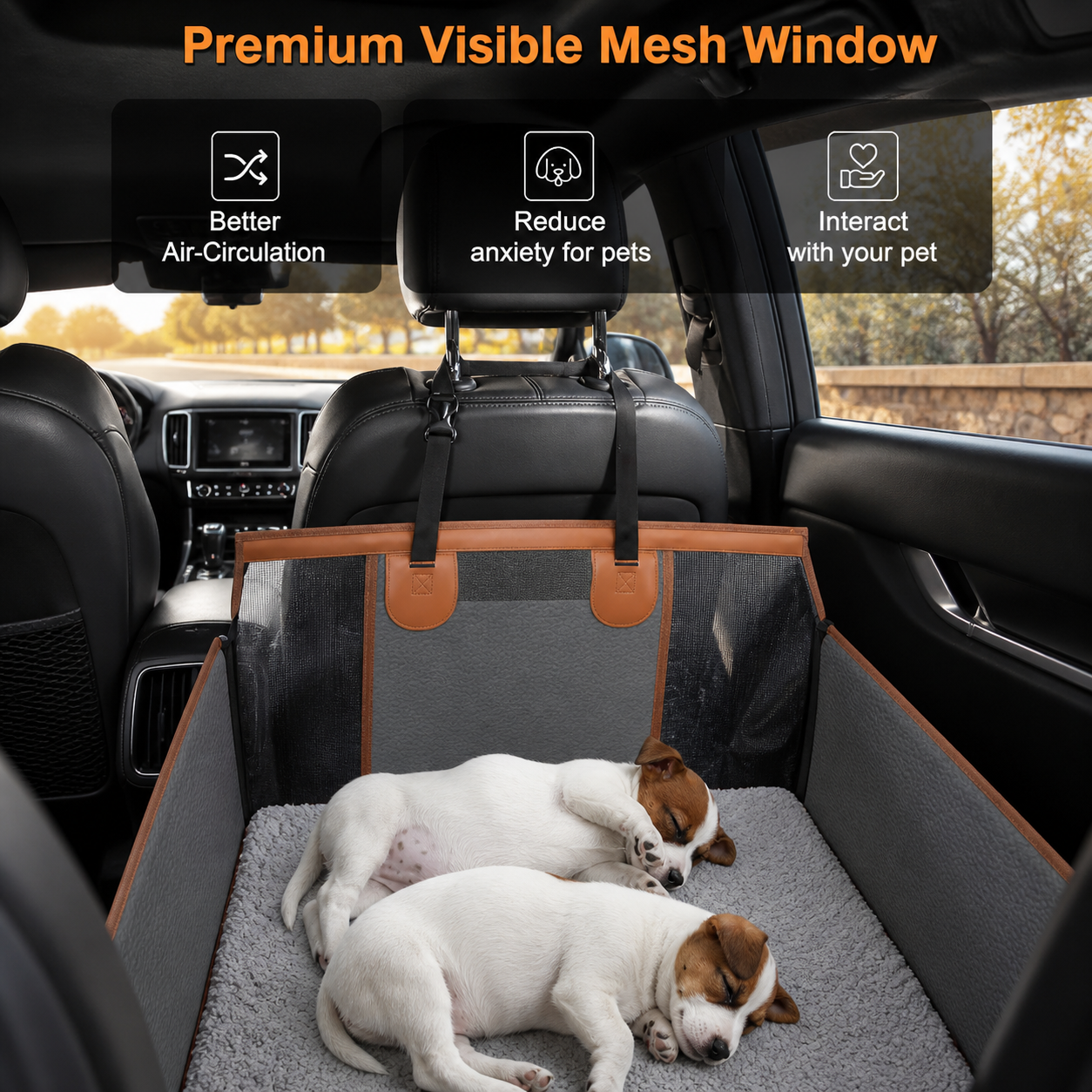 Two dogs resting in a backseat dog car seat with breathable mesh window design for better airflow, reduced anxiety, and pet visibility during travel