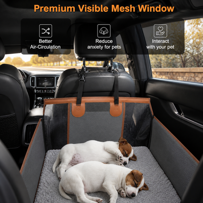 Two dogs resting in a backseat dog car seat with breathable mesh window design for better airflow, reduced anxiety, and pet visibility during travel