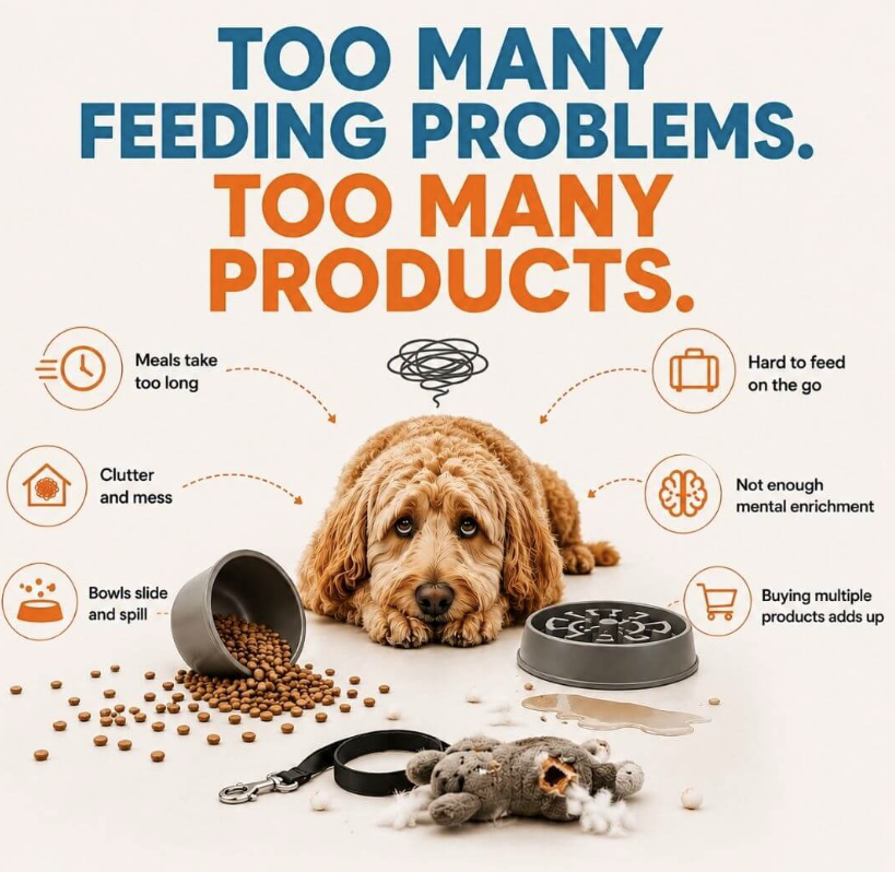Dog surrounded by common feeding problems including spilled food, sliding bowls, limited enrichment, and multiple feeding products.
