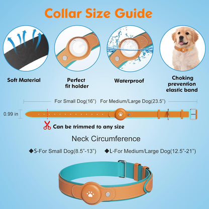 Dog GPS tracker collar size guide showing adjustable fit, waterproof design, soft material and neck size measurements for small and large dogs