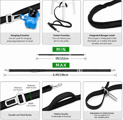 Hands-free dog leash belt with integrated bungee leash, adjustable length, durable buckle, padded handle and car safety attachment for secure dog walking