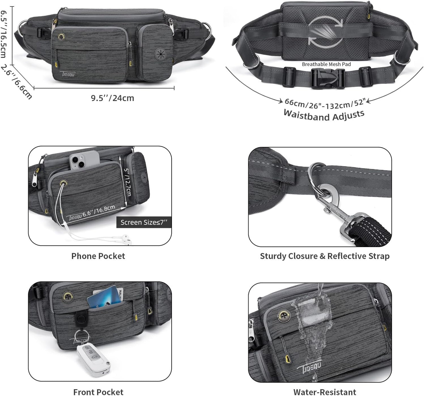 Hands-free dog leash belt showing dimensions, adjustable waistband, phone pocket, reflective strap and water-resistant material for outdoor dog walking