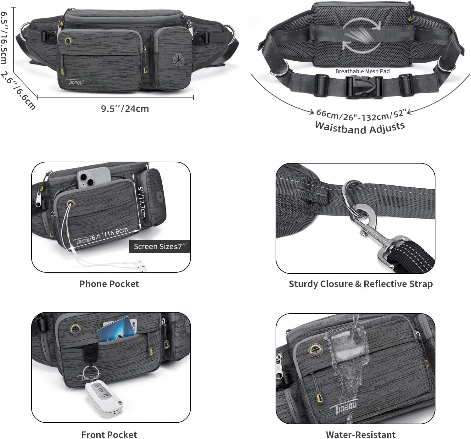 Hands-free dog leash belt showing dimensions, adjustable waistband, phone pocket, reflective strap and water-resistant material for outdoor dog walking
